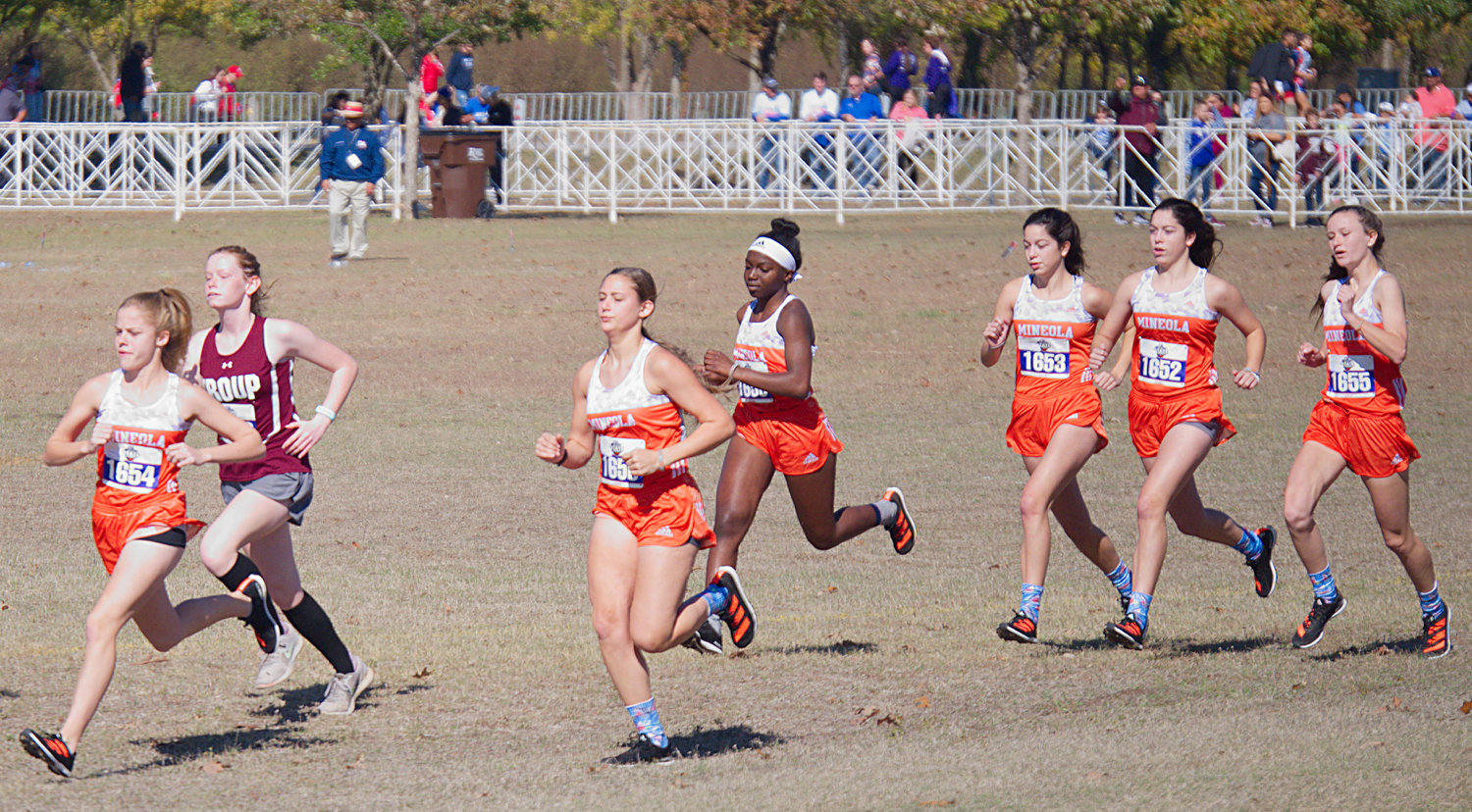 The Mineola girls cross country team competes at the state meet in Round Rock last Saturday. They include, from left, Juliana Stanley, Hannah Zoch, Shylah Kratzmeyer, Keilee Riley, Kapri Riley and Emily Wiley.